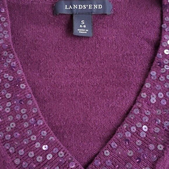 LANDS' END PURPLE V-NECK SWEATER SEQUINS COTTON CASHMERE, SIZE SMALL - Picture 6 of 7